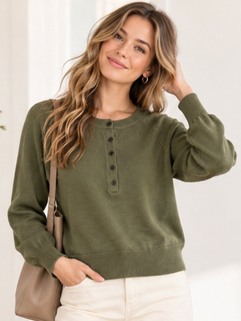 Banana Republic Olive Green Raglan Henley Sweater Size S
